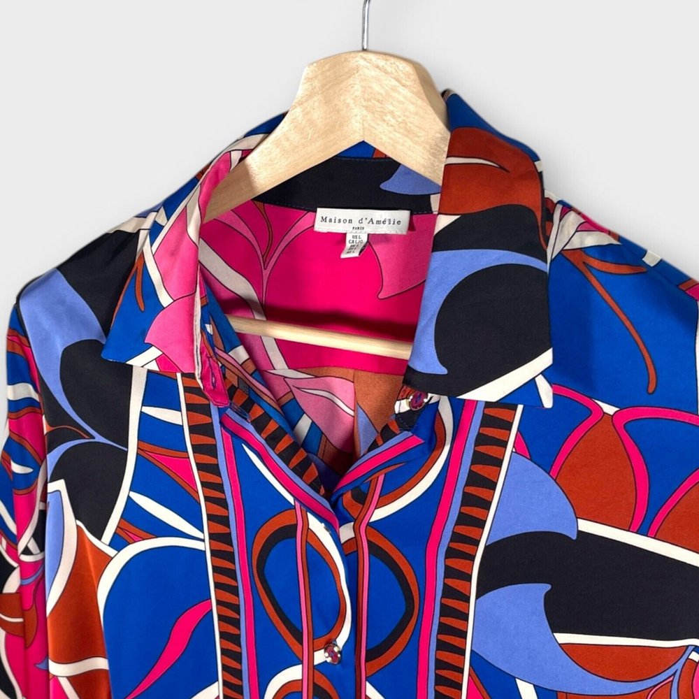 🦜 Maison D'Amelie Blouse Top LARGE Long Sleeve Boho Geometric Art to Wear EUC - Picture 3 of 8